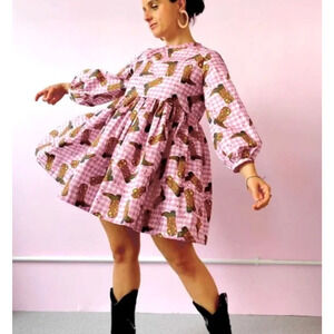 NWOT Megan Crosby Lila Cowboy Dress Pink Gingham Mini Puff-Sleeve Boot-Print